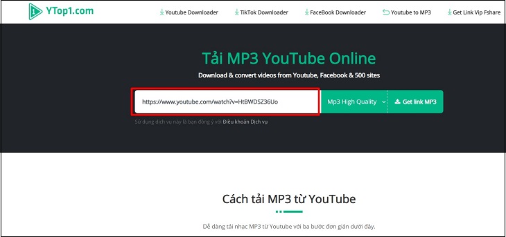 Sao chép liên kết YouTube để tải nhạc và dán vào trang Ytop1