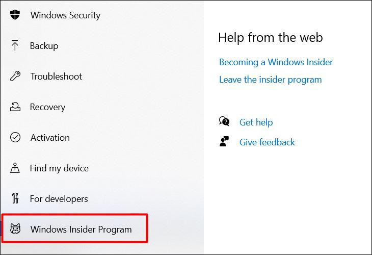 Chọn Chương trình Người dùng nội bộ Windows từ danh sách các mục ở bên trái
