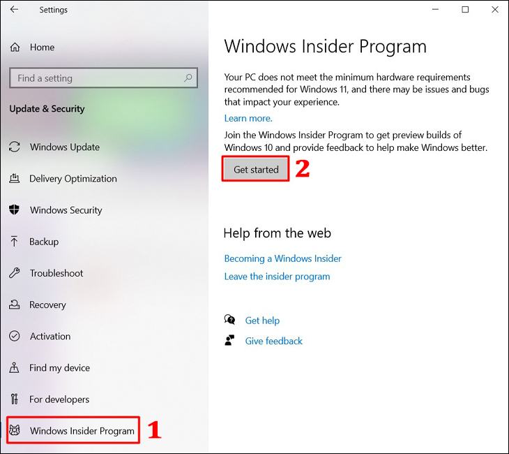 Chọn mục Chương trình Người dùng nội bộ Windows, sau đó Bắt đầu