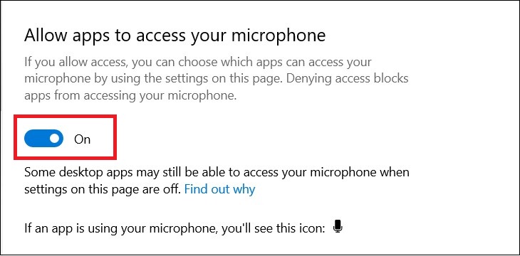Vui lòng kích hoạt Cho phép ứng dụng truy cập chế độ micrô của bạn.