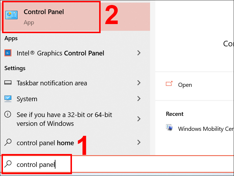 Bước 1: Tìm và chọn Control Panel trong hộp tìm kiếm của Windows 10